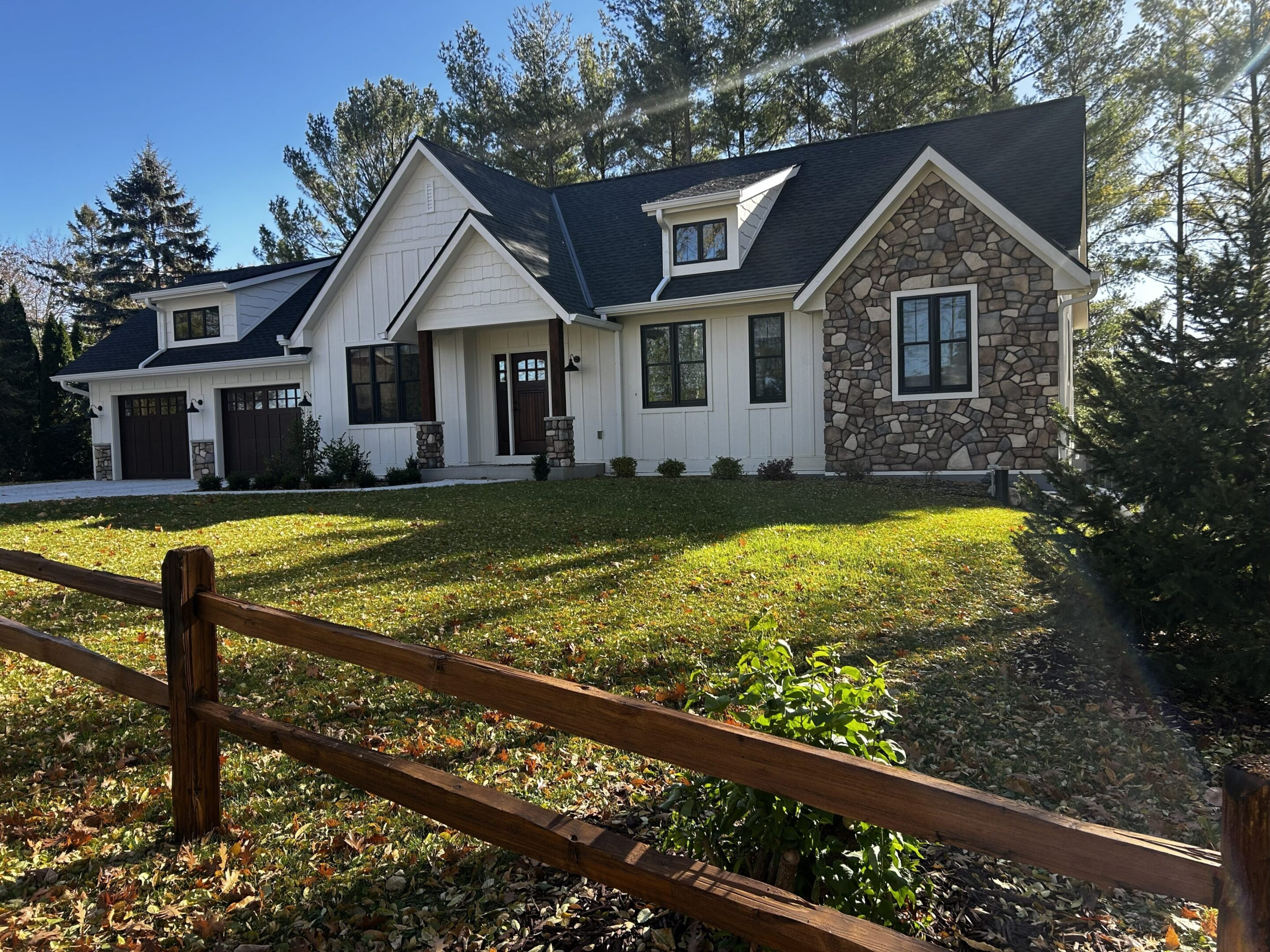 Modern farmhouse with lush green lawn