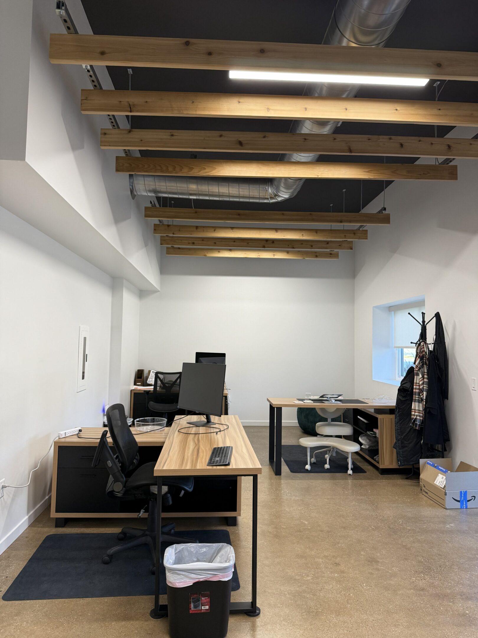Open office with wooden beam ceiling